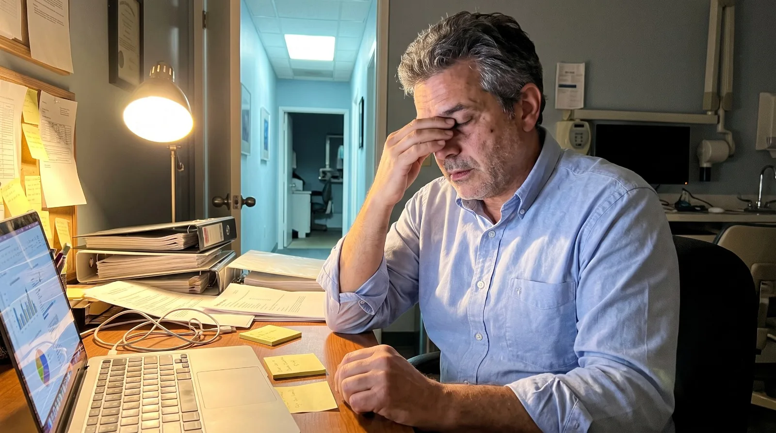 Titolare di studio dentistico sovraccarico di lavoro, seduto tra documenti e schermi